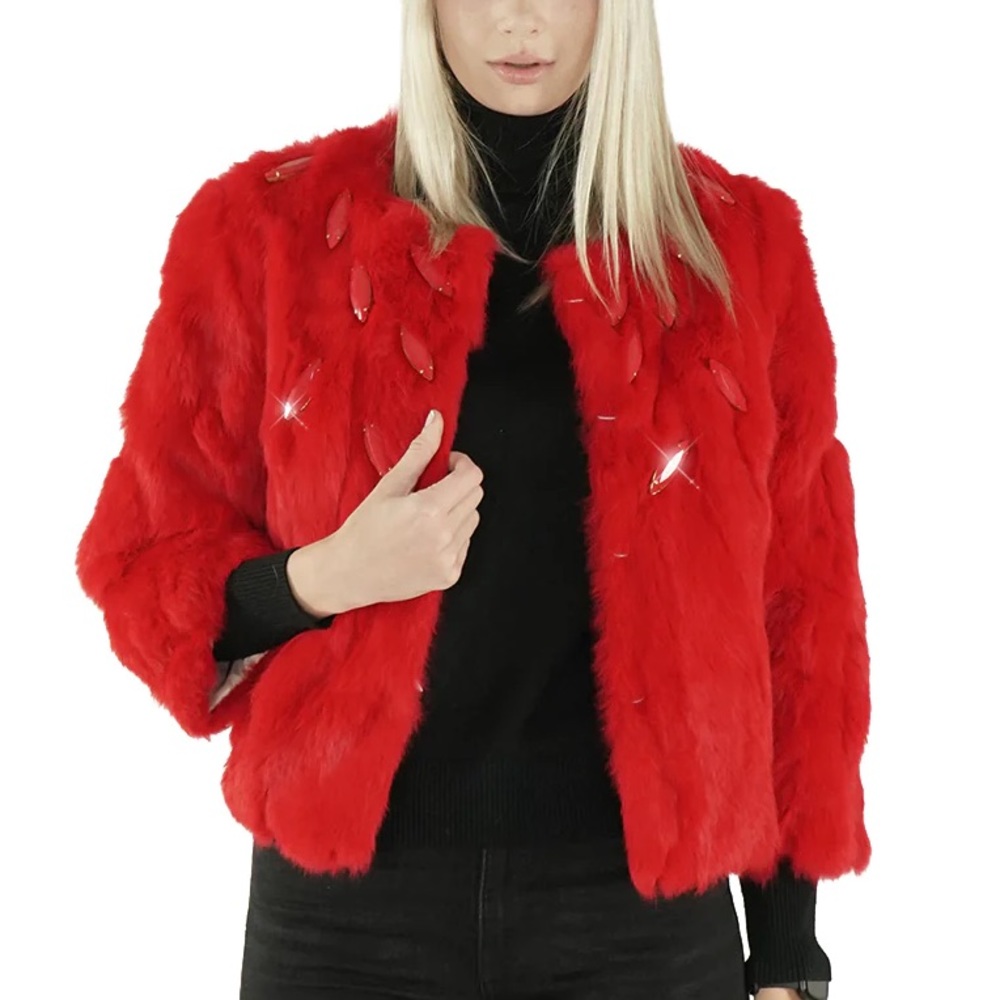 180. NWT WOMENS SHERRILL & BROS. DEENIE EMBELLISHED M GENUINE RABBIT FUR JACKET